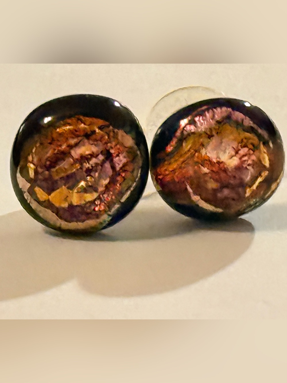 Dichroic Art Glass Round Stud Earrings Black Copper Pink Gold Vintage Antique